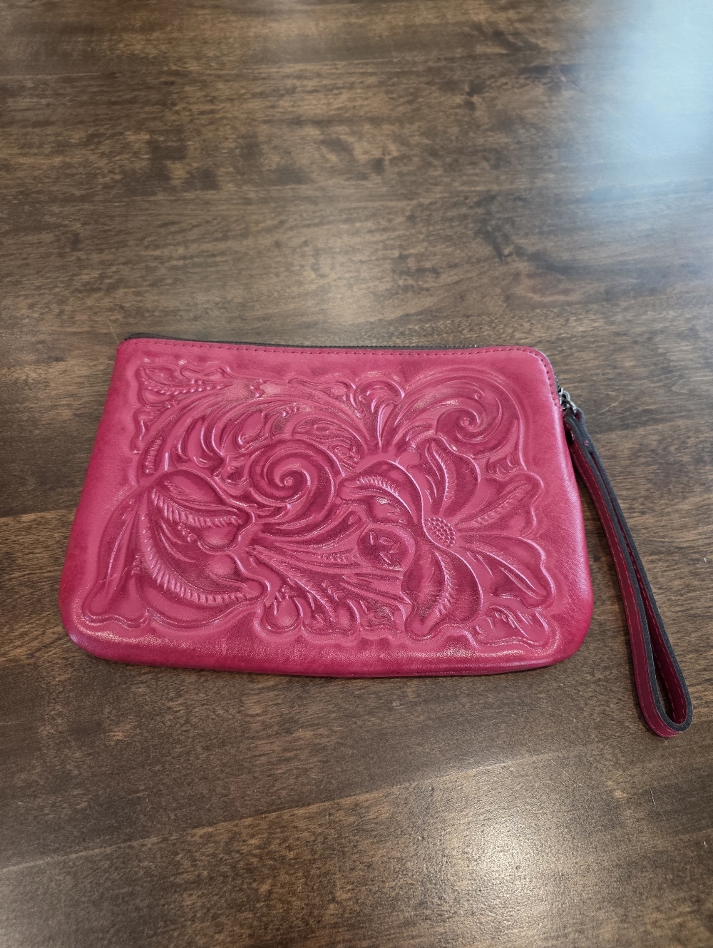Patricia Nash Cranberry Pink Women's Embossed Leather Wristlet Clutch